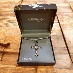 Ed Hardy Skull Cross Necklace Stainless Steel Men's 26" Chain Silver Tone NIB
